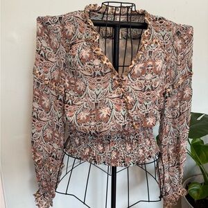 Anthropologie Surplice Wrap Blouse V Neck Paisley Floral Ruffle Top Boho